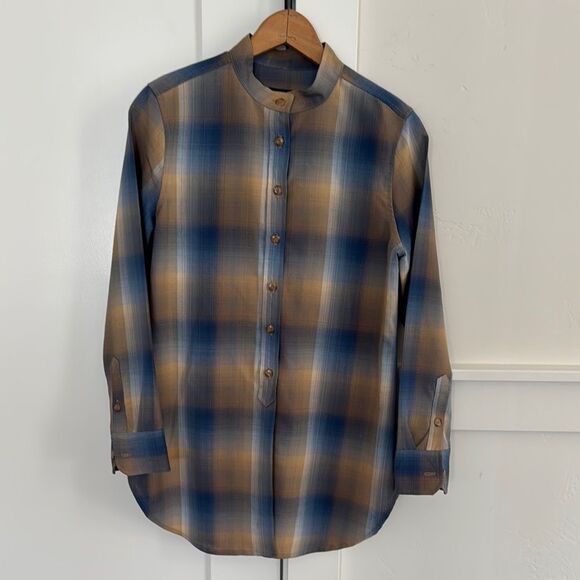 PENDLETON Women’s Size Petite S 100% Virgin Wool Plaid Button-Up Shirt Blue Tan - Picture 1 of 12